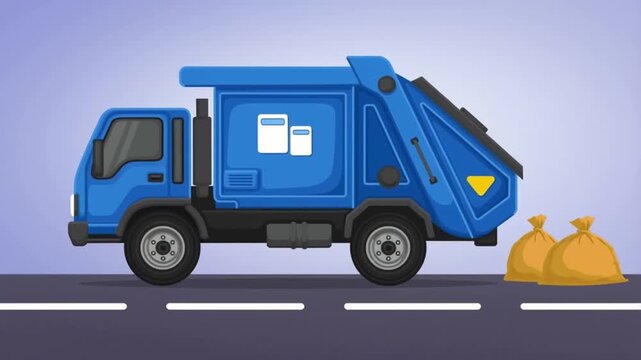 Blue Garbage Truck Driving Animated Loop With Trash Bags