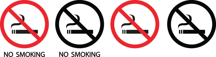 No smoking vector icons set, cigarette prohibition sign silhouette and outline collection, safety symbol group isolated on transparent background for public area design