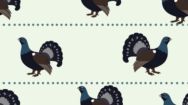 Elegant seamless pattern displays wood grouses with detailed feathers separated by horizontal teal dotted lines on a pale green background.