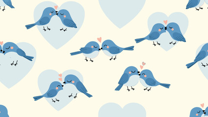 Obraz premium Seamless pattern with cute pairs of blue birds kissing against light blue hearts, romantic illustration for valentine's day or wedding decor.