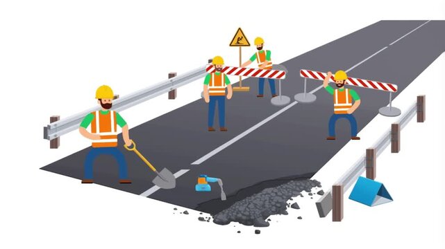 Animated Road Construction Crew Repairing Asphalt Pavement