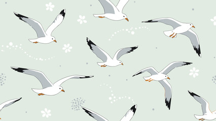 Fototapeta premium Beautiful seamless pattern displays white seagulls soaring through the air with delicate floral accents and dots on a soft pastel background.