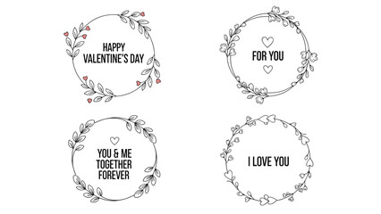 Collection of four delicate black line floral wreaths features romantic phrases such as Happy Valentine's Day and I Love You for cards.