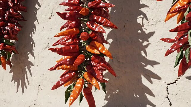 Hanging strands of colorful red peppers against textured white wall, with shadows