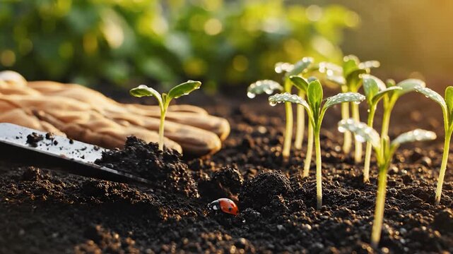 Garden scene Small plants with water droplets, gloves, and trowel