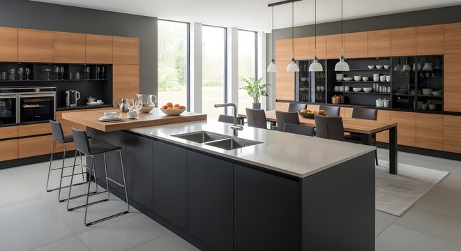 Modern kitchen with island, bar stools, and large windows offering a scenic view