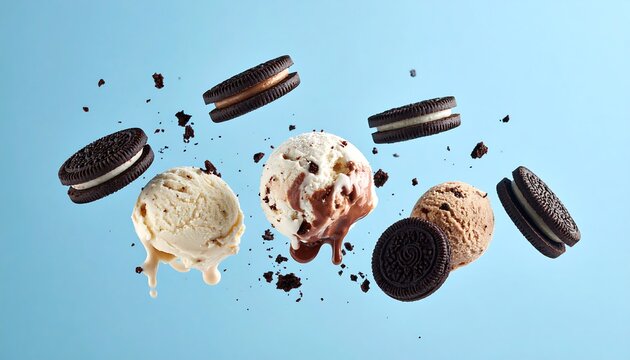 Delicious Ice Cream Scoops and Cookies Floating in Mid-Air.