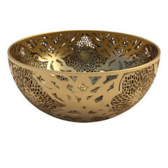 Fototapeta premium Ornate gold metal decorative bowl with cutout floral pattern isolated on Transparent Background