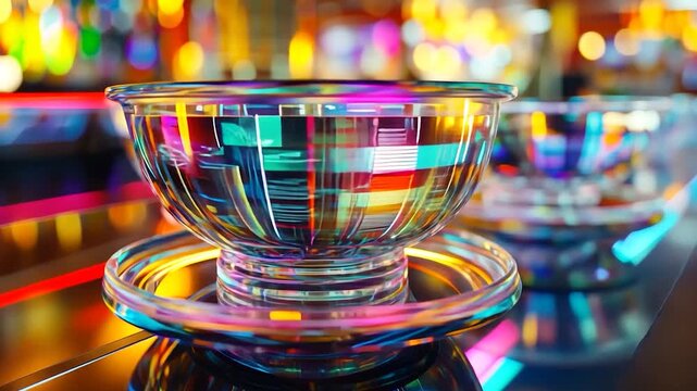 Colorful, transparent bowls reflecting vibrant lights