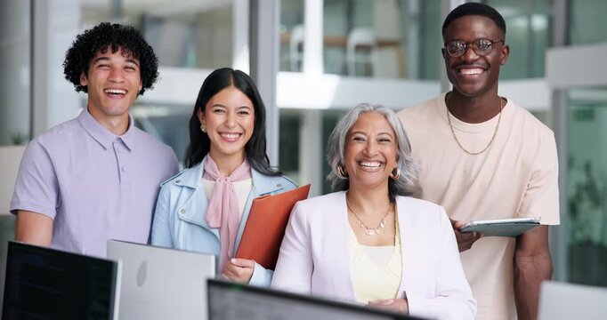 Face, team and smile with business people in office, laugh and creative web designers with tablet. Portrait, happy group and programmers with tech, about us and funny with solidarity in workplace