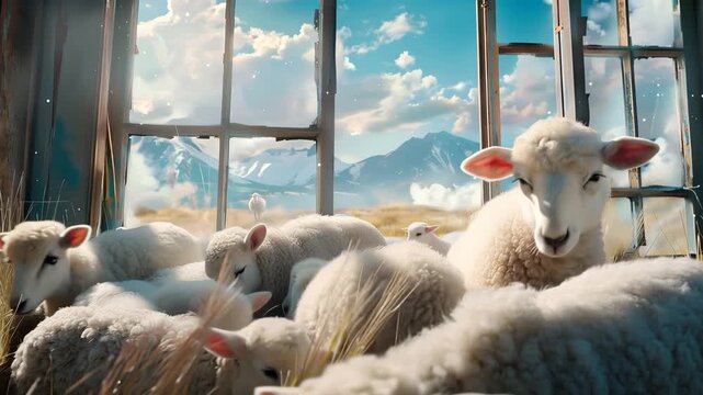 Fluffy Lambs in Cozy Barn with Dreamy Mountain Window View