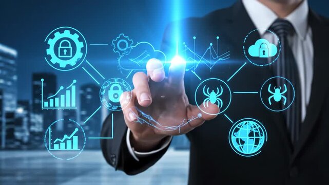 Businessman interacting with a glowing blue digital interface displaying security icons, data graphs, and global network visualizations against a blurred night cityscape.