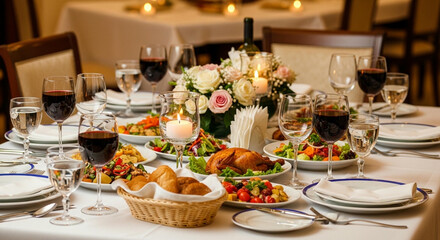 Elegant Dining Table with Food, Wine, and Flowers