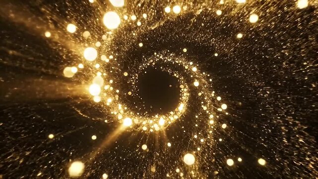 Abstract Golden Swirling Particles Tunnel Vortex Motion Background