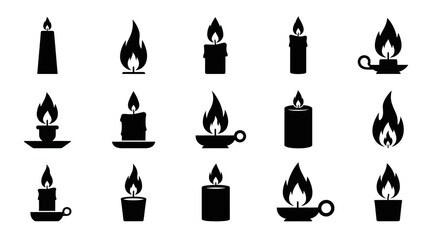 Candle Flame Icons Set, Black Silhouette Vector