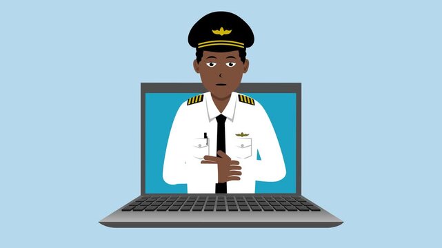 Opening Laptop With Black Male Pilot Animation Video 4K suitable for your project needs