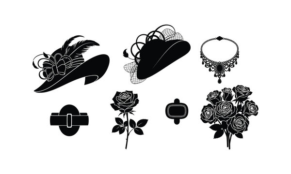 Vintage ladies fashion hats roses jewelry flowers set vector silhouette icons illustration