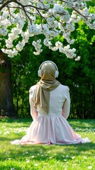 Fototapeta premium An individual wearing a head covering and a flowing light-colored dress sits serenely on a lush green lawn, surrounded by small white wildflowers. Over-ear headphones suggest a moment of quiet contemp