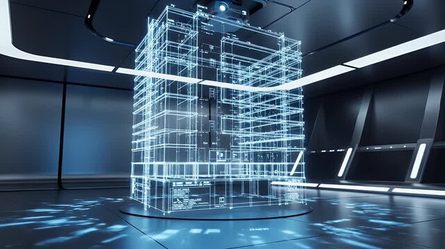 A futuristic architectural blueprint rendered in glowing blue lines, inside a minimalist, high-tech interior