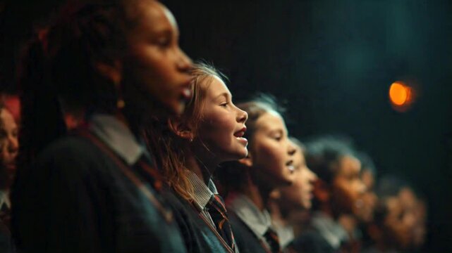 Group of school children singing in unison, standing together in a darkened auditorium, captured in a close-up video shot