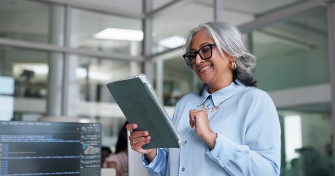 Digital agency, reading or happy woman with tablet, app maintenance proposal or plan software update. Review code, testing data or mature developer with algorithm check, programming solution or tech