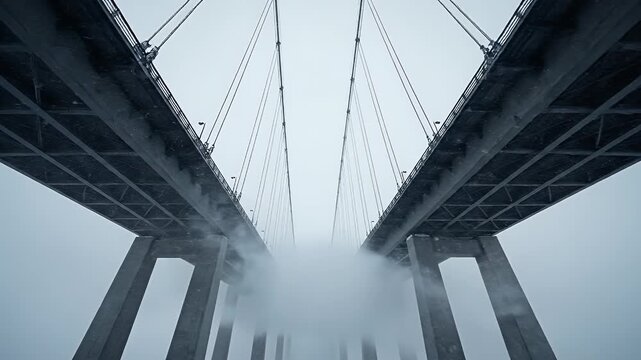 A symmetrical, bottom-up perspective of a bridge in foggy conditions, appearing to float