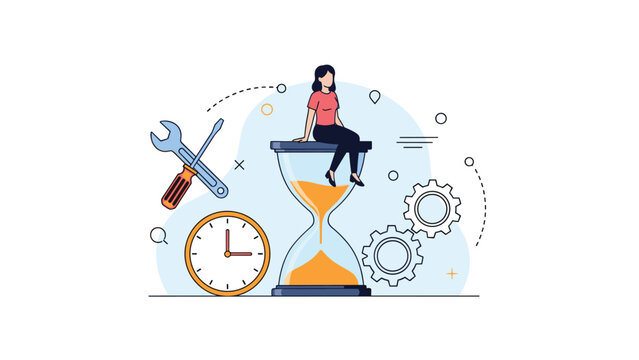 Pensive woman sitting on a giant hourglass surrounded by tools, gears, and clocks to represent effective time management and productivity.