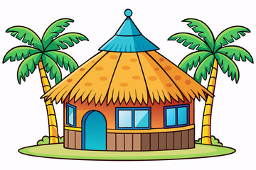 Obraz premium A colorful cartoon illustration of a tropical hut with palm trees