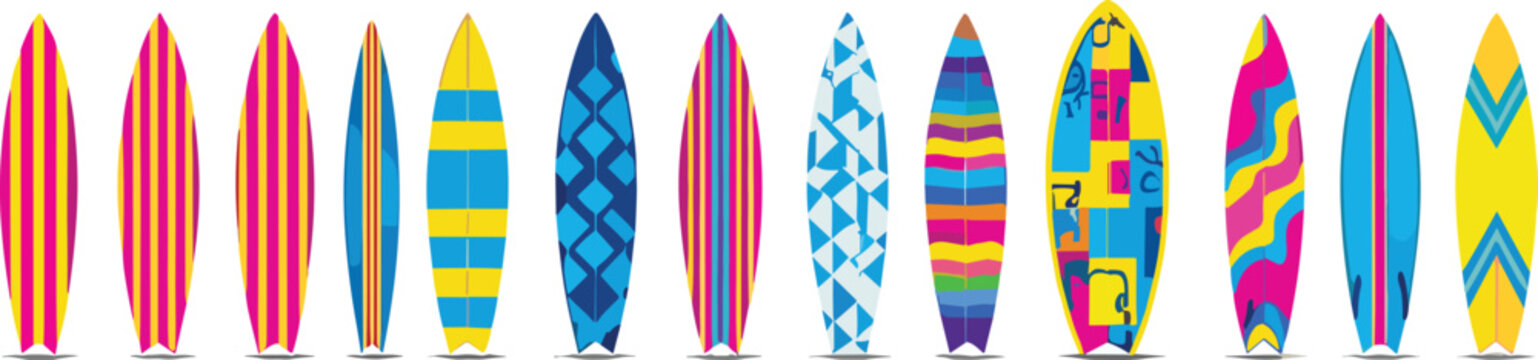 Colorful surfboard collection vector illustration set with vibrant patterned surf boards isolated on background for summer beach design