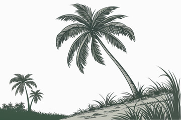 A minimalist vector illustration of palm trees on a sandy beach with grassy terrain