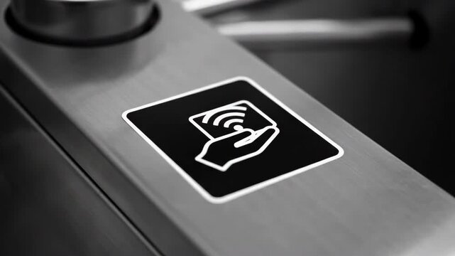 Monochrome close-up of a brushed metal turnstile featuring a black square icon with a white outline of a hand holding a card with wireless signals, indicating access control.