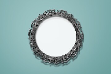 Vintage silver retro picture frame on blue background