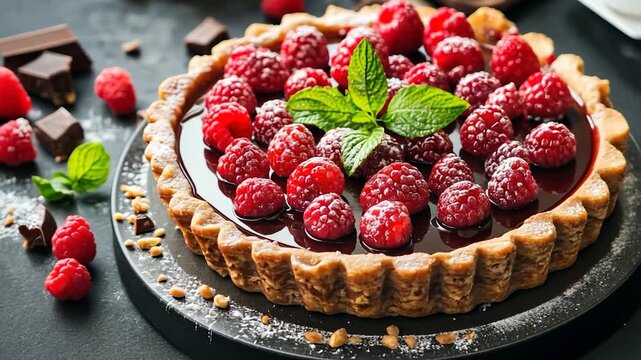 Raspberry tart with chocolate and mint
