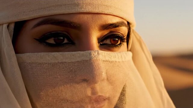 Beautiful arab woman with striking brown eyes and elegant makeup wearing traditional hijab headscarf in desert landscape at sunrise or sunset