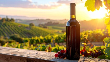 ブドウ畑を背景にしたワインボトルのイメージ画像