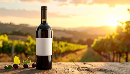 ブドウ畑を背景にしたワインボトルのイメージ画像