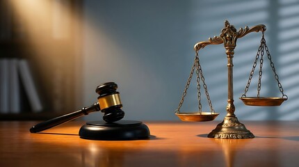 Antique justice scales and a wooden gavel resting on a polished desk symbolizing law and order in a dimly lit courtroom