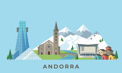 Obraz premium 2D flat vector illustration of European Country Andorra with mountain landscape, modern architecture and church.