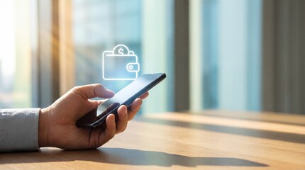 Person holding a smartphone with a digital wallet icon and coin symbol glowing above showing online payment concept