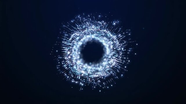 数万の青い輝くパーティクルで構成されたデジタルコアとシールドの3Dアニメーション