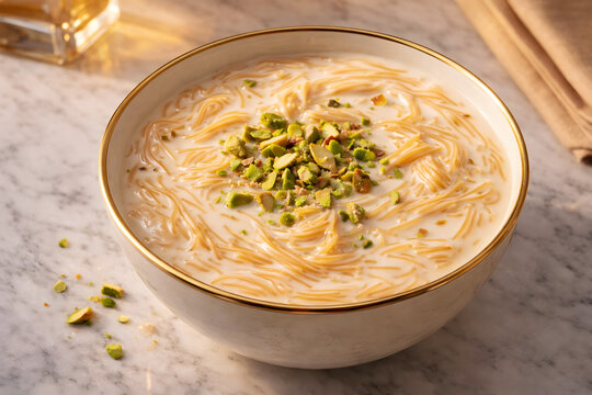 A close-up overhead view of a bowl of creamy vermicelli pudding topped with chopped pistachios and served in a decorative bowl