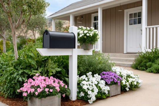 Mailbox post with potted petunia flowers at house entrance