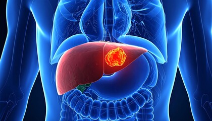 3D Medical Illustration of Liver Cancer Tumor in Human Body.