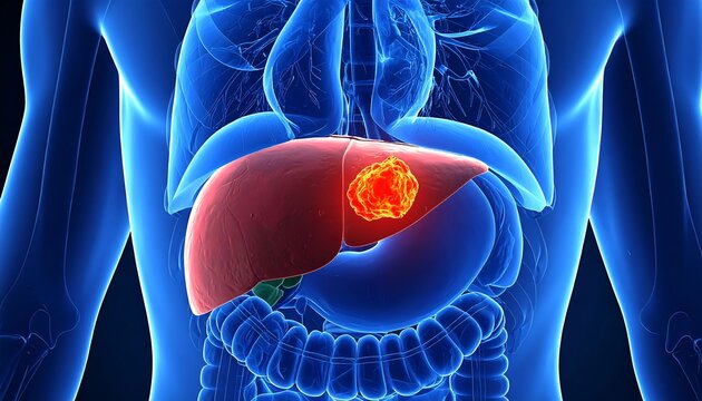 3D Medical Illustration of Liver Cancer Tumor in Human Body.