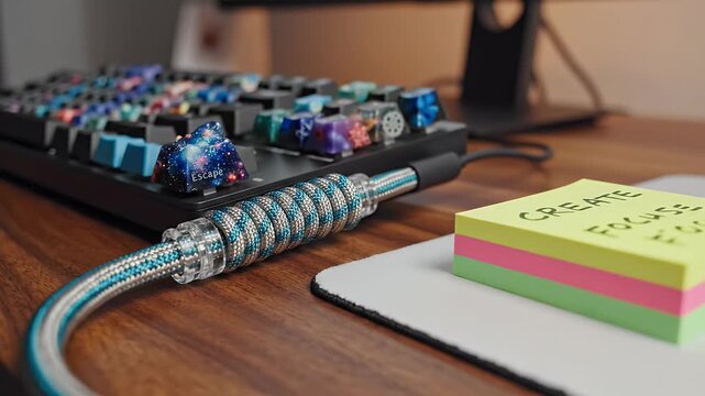 A close-up shot of a mechanical keyboard with custom keycaps and a coiled cable on a desk