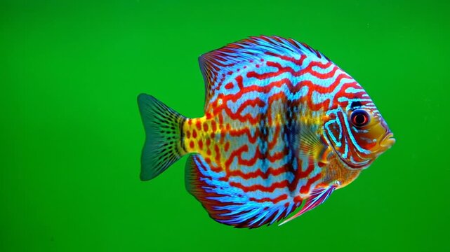 A vibrant discus fish with intricate blue, red, and yellow patterns swims gracefully against a plain green background.