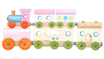 Naklejka premium Watercolor illustration of a colorful wooden toy train with multiple carriages