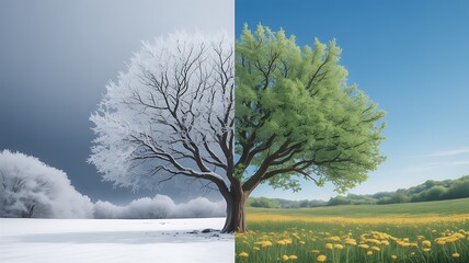 A majestic tree stands at the boundary between winter and spring in a vibrant field.