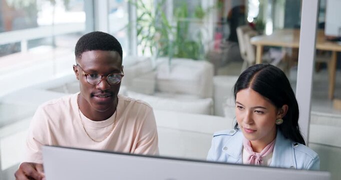 Discussion, review or people in agency with computer, advice or partnership for campaign pitch. Collaboration, aid or marketing specialist with tech, teamwork or feedback in brand awareness proposal.