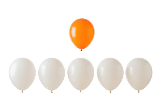 A single orange balloon standing out among white balloons isolated on transparent background